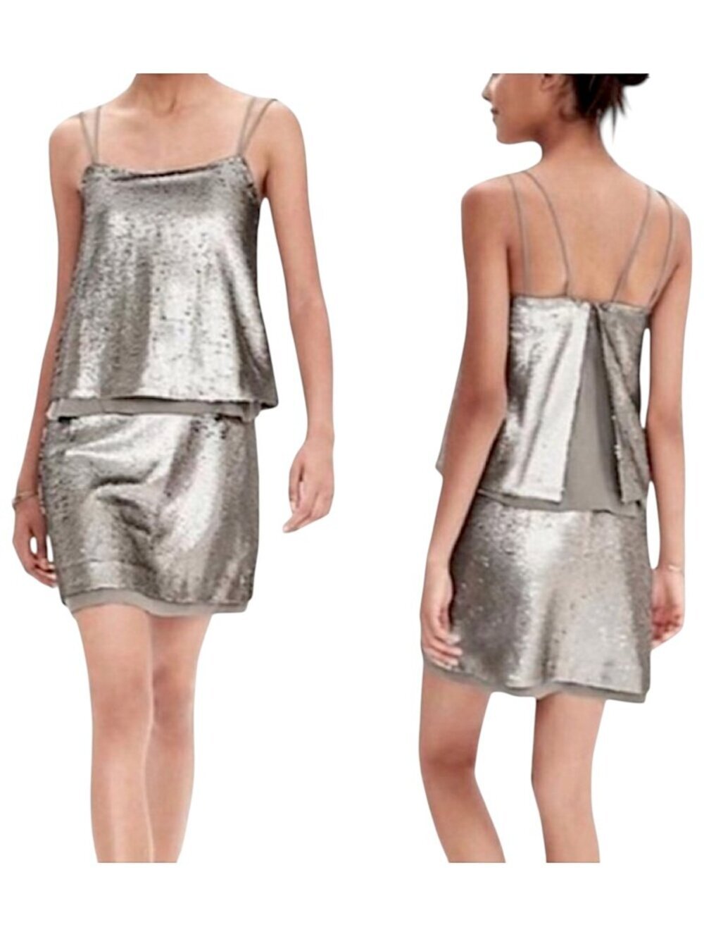 Banana Republic Champagne Antique Silver Sequin Slip Evening Dress NWT New 8